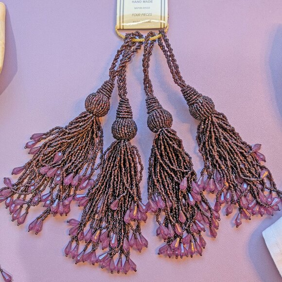 Set of 6 purple lushly beaded VTG napkin rings, Hand Made in India, 8" length - Picture 8 of 15